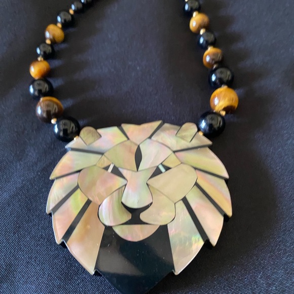 Gorgeous Lee Sands Abalone Black Onyx Tiger Eye Lion Necklace Statement Piece - Picture 5 of 10
